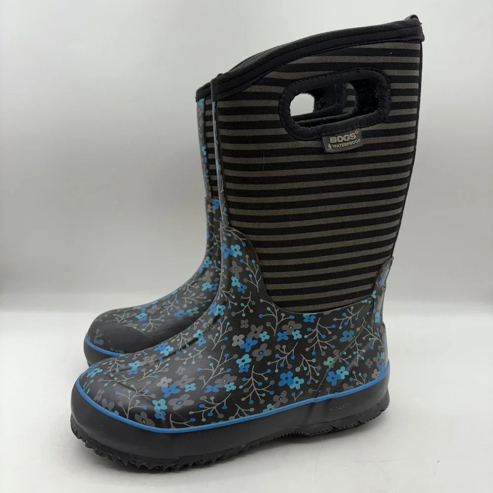 BOGS Classic Flower Stripes Waterproof Insulated Rain Boots‎ Kids Youth Size 2